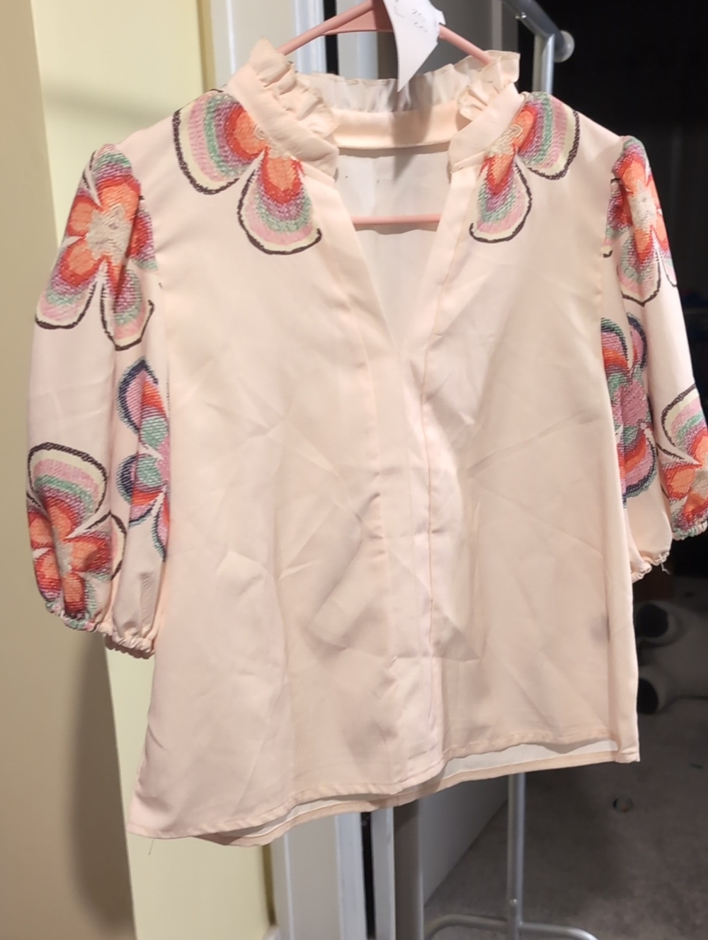 SHEIN Cream Pink Floral Embroidered Ruffle Neck Blouse